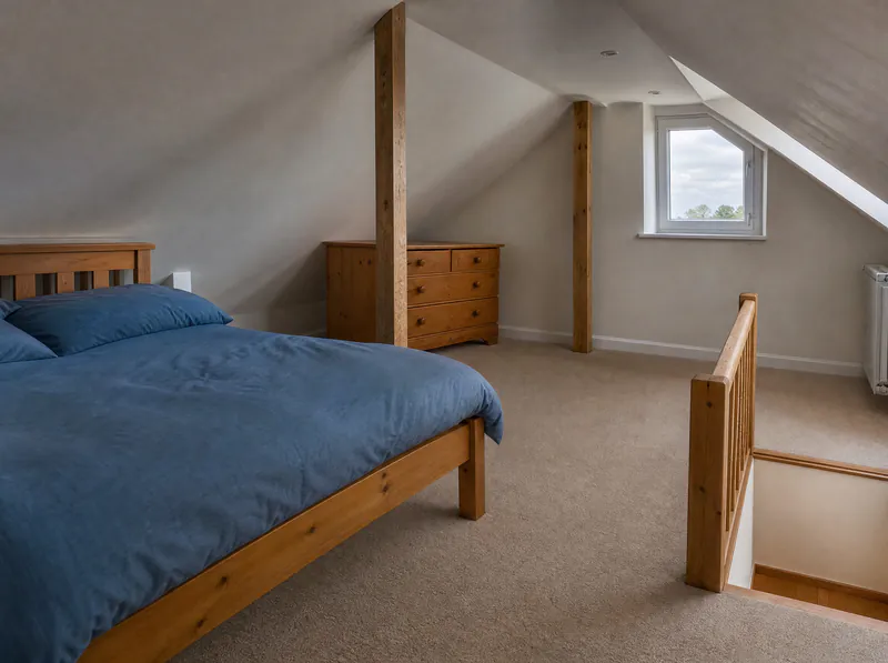 After: the same attic converted into a bedroom with a dormer window and a new stair
