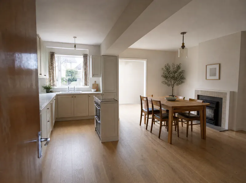After: the same view with the wall removed and a boxed-in beam over one open-plan kitchen and dining room