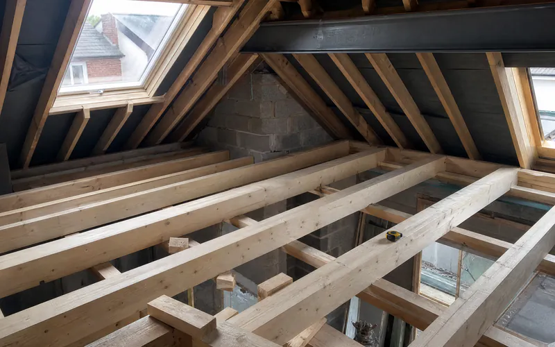 New C24 floor joists and a steel beam in an attic conversion in an Irish semi-detached house