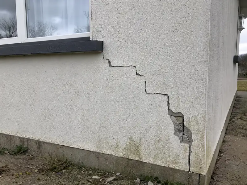 Before: stepped crack running through the render from a window corner