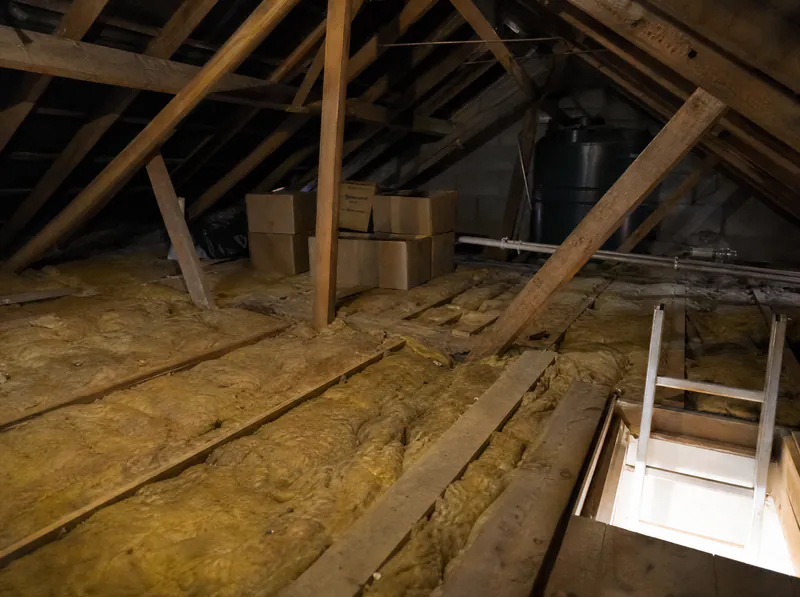 Before: unconverted attic with trusses, insulation and storage boxes