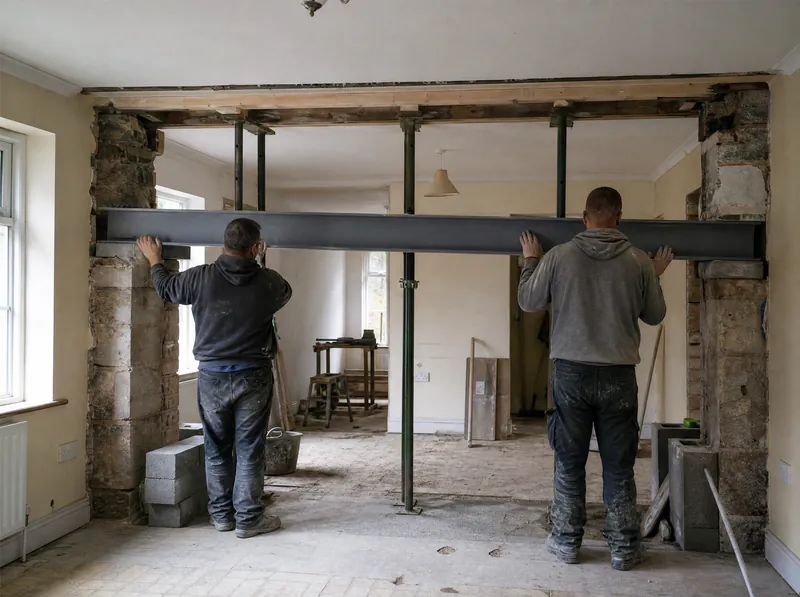 Builders lifting a steel beam onto padstones during a knock-through