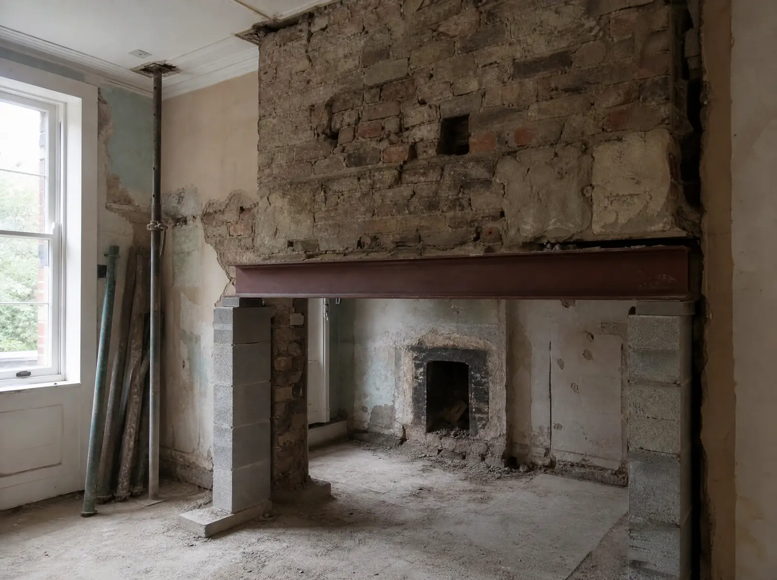 Ground-floor chimney breast removed with a steel beam supporting the breast above in a Dublin house