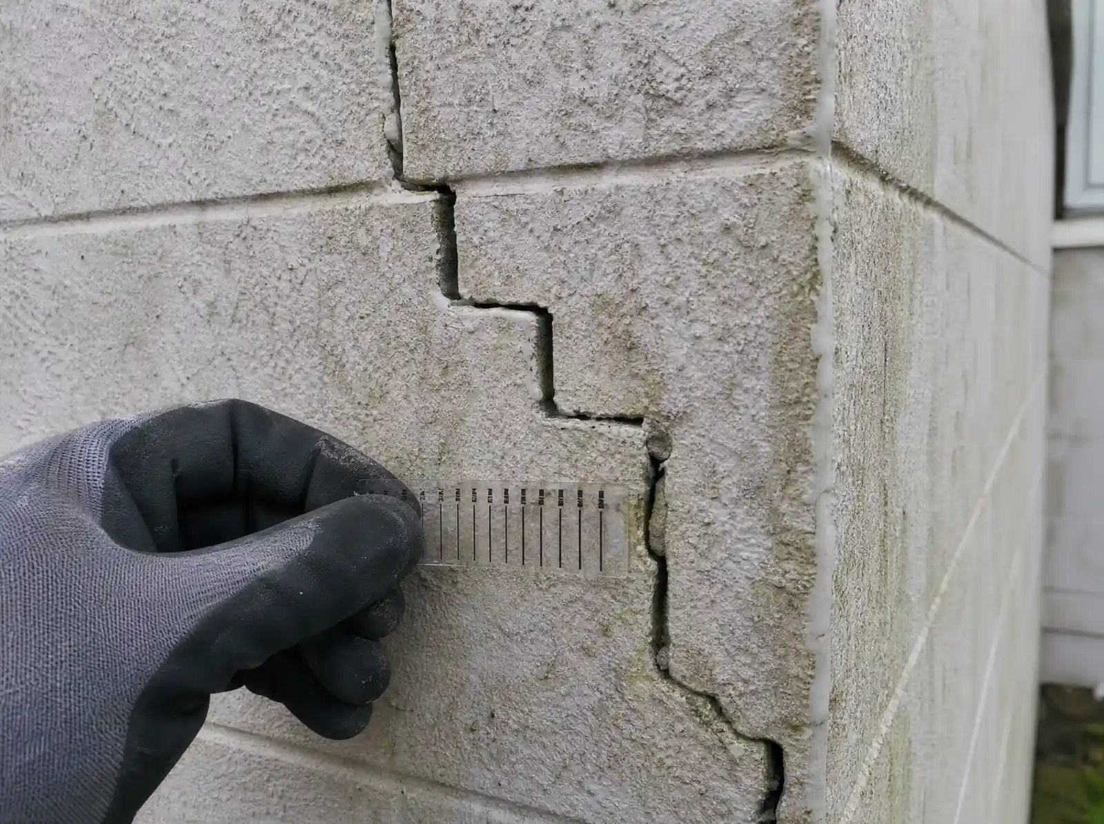 Crack-width gauge held across a stepped crack in rendered blockwork on an Irish house