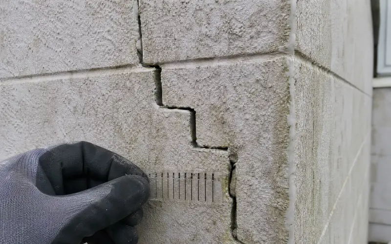 Crack-width gauge held across a stepped crack in rendered blockwork on an Irish house