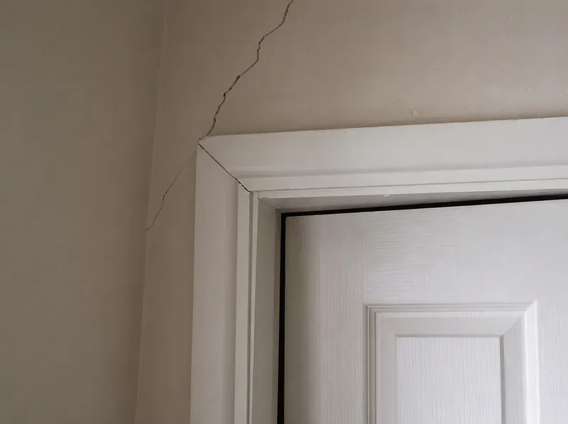 Door frame out of square with a diagonal crack running up from its corner