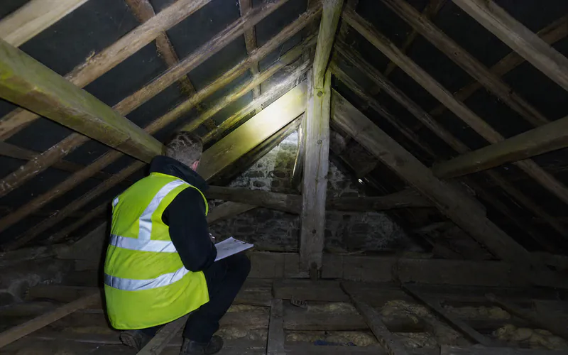 Engineer inspecting roof timbers by torchlight in an attic during a pre-purchase structural survey