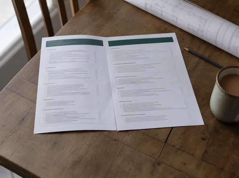 Printed pre-build structural checklist on a kitchen table beside house plans