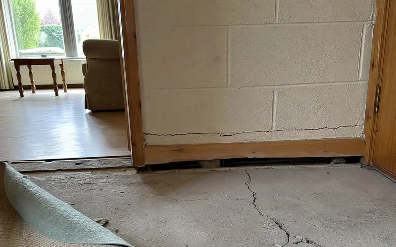 Cracked, lifted floor slab and a crack at the base of an internal wall in a 2000s Irish house