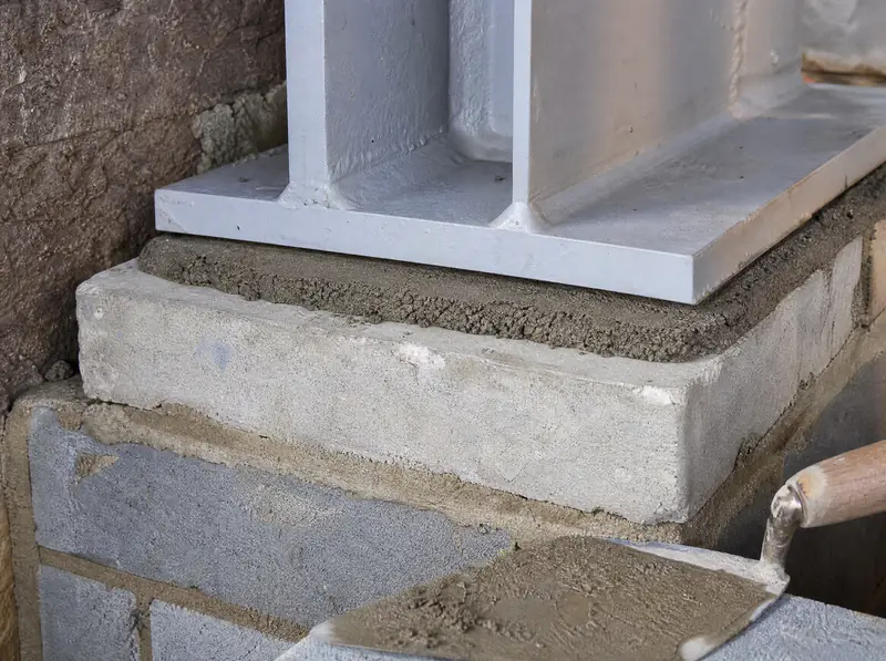 Steel beam end bearing on a concrete padstone with dry-pack mortar packed above