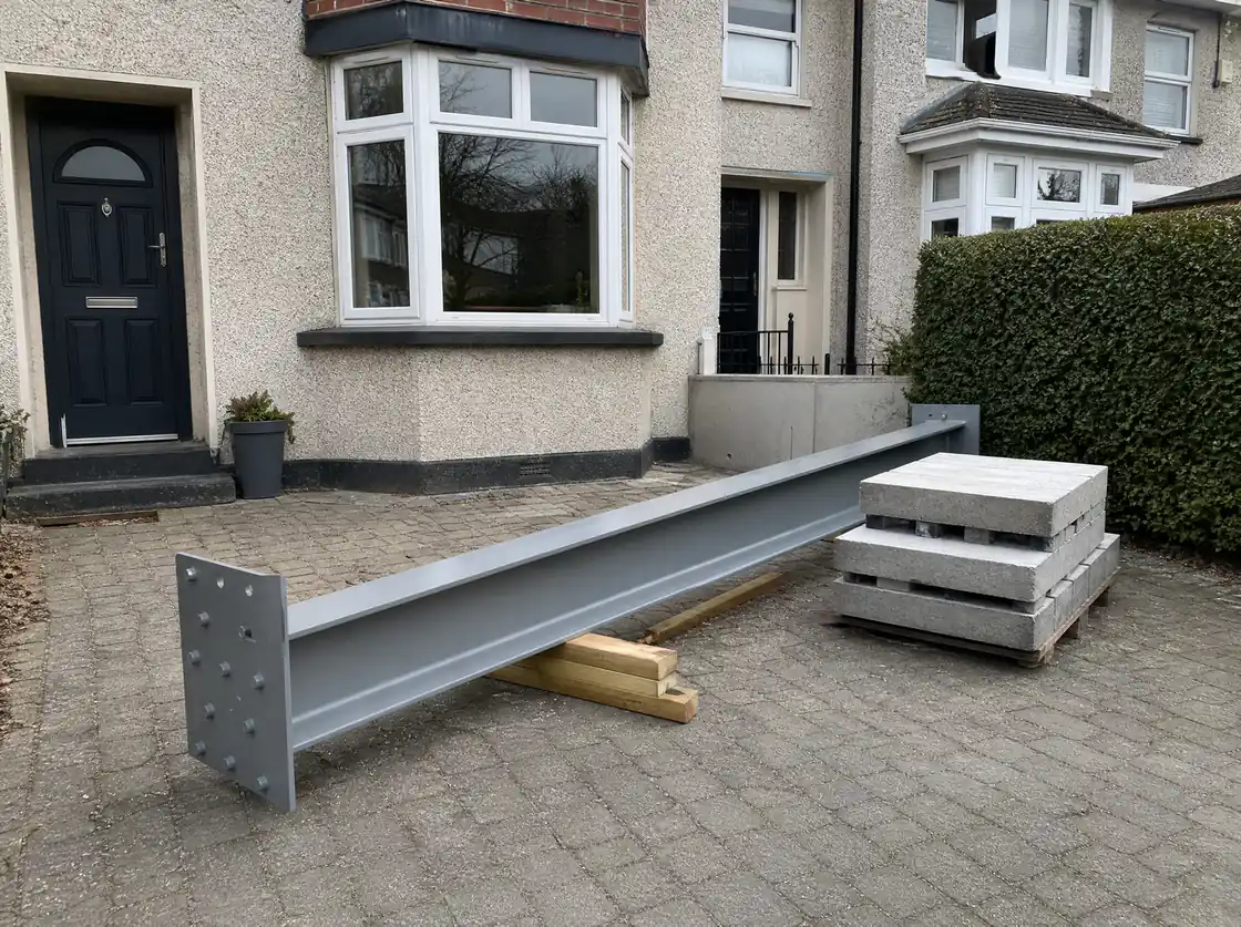 Steel universal beam with end plates delivered to a Dublin driveway beside concrete padstones