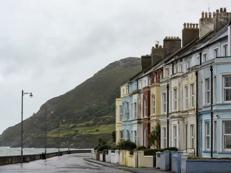Victorian terraces facing the seafront in Bray, County Wicklow, with Bray Head behind